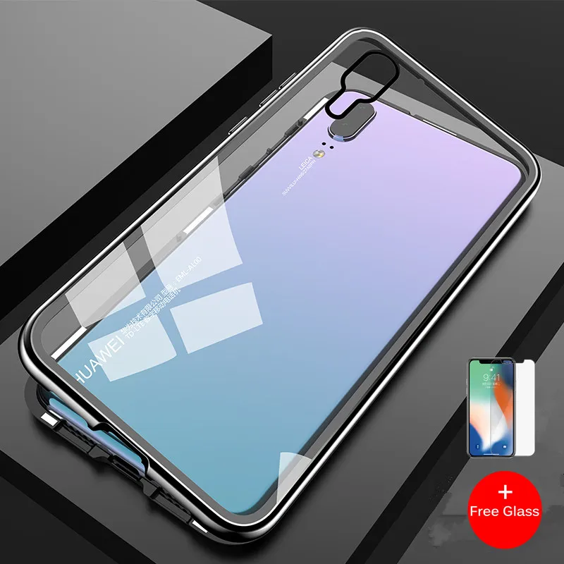 

Magnetic Adsorption Case for Huawei P20 P20 Pro 9H Tempered Glass Back Cover Luxury PC Phone Case for Huawei P20 Pro