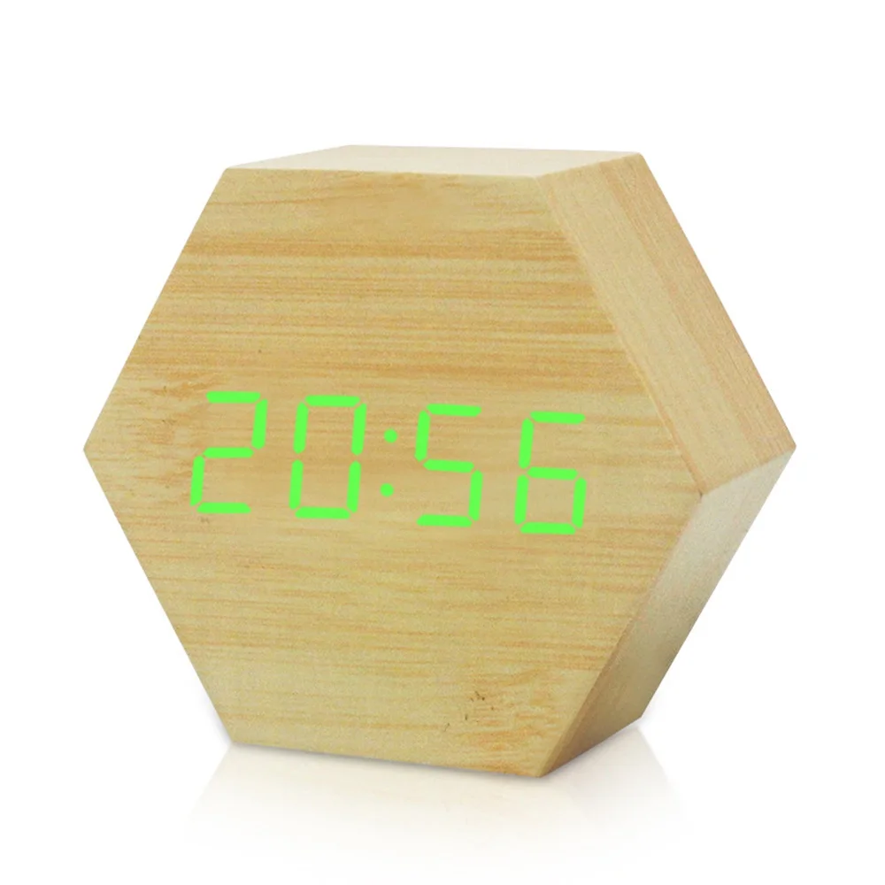 Wood LED Alarm Clock Hexagon Snooze Bamboo Desktop Digital Clock for