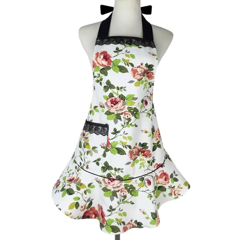 XiuMood Apron Kitchen Cooking Baking Chef Aprons For Woman Restaurant Waitress Work Bib Canvas Flowers With Black Lace Pockets