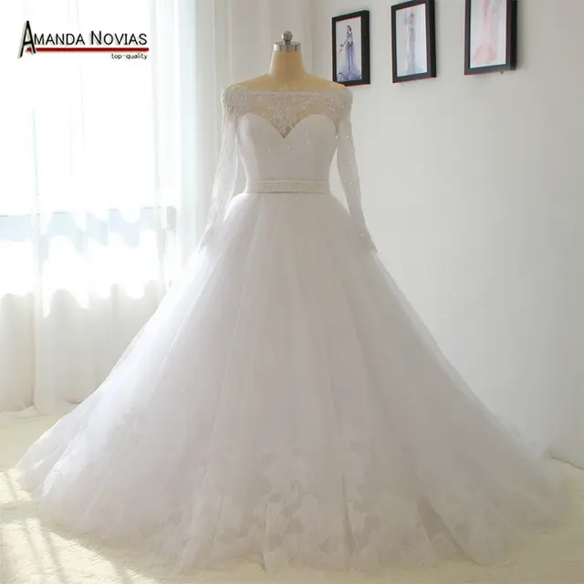 las mangas de hombro perlas cinturón vestido de novia color blanco