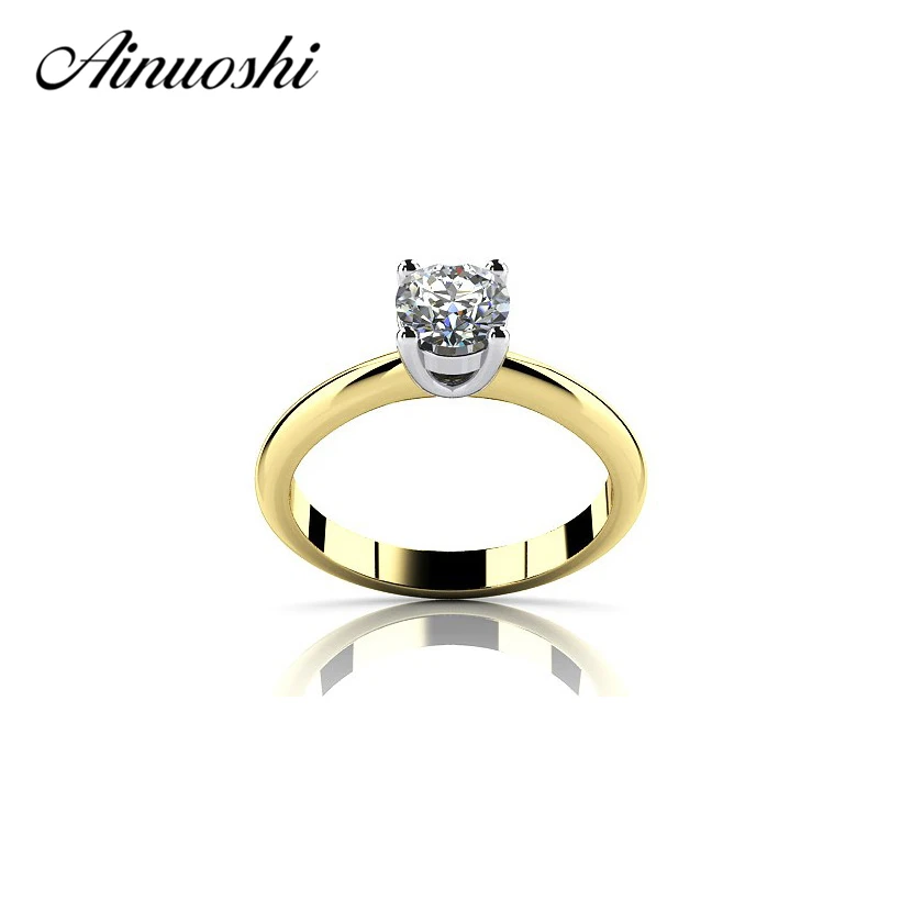 AINOUSHI žluté zlato barva solitaire prsten 925 mincovní stříbro 1 karátový kulatý střih vytvořené zásnubní prsten milovníky slib kapela prsten