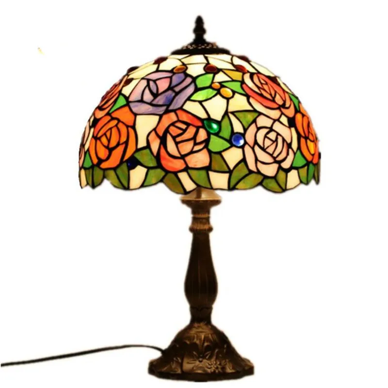 

12" Tiffany Roses Table Lamp Foyer Apartment Bar Bed Room Colorful Glass Wedding Decor Desk Reading Lighting 51cm 1019