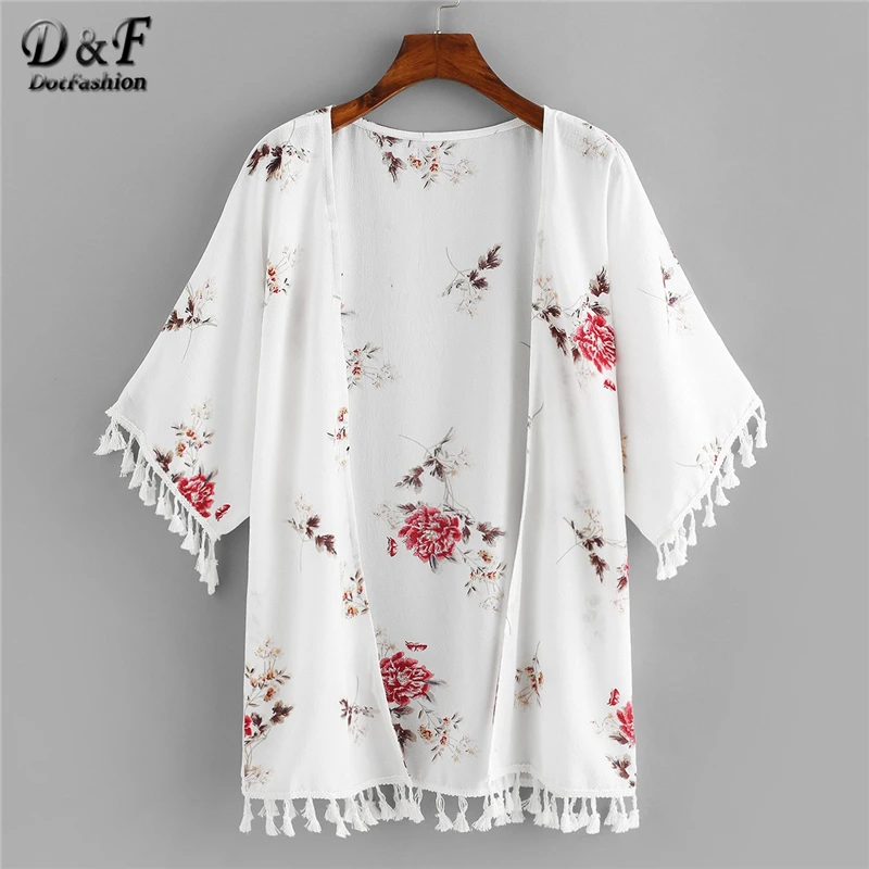 

Dotfashion White Fringe Trim Florals Kimono Blouse Women Casual Tops Beachwear 2019 Clothing Summer Pom Pom Short Sleeve Shirt