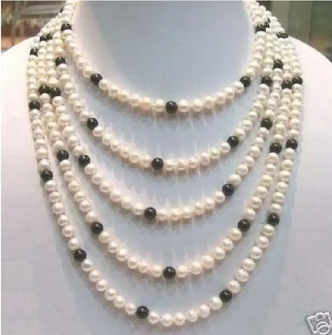 

100'' AAA+8-9MM CHARMING AKOYA WHITE BLACK PEARL NECKLACE 14KGP r a(5.18)