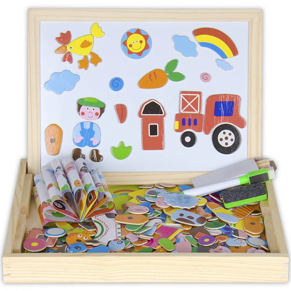 

Wooden Happy Farm and Animal Magnetic easel board Jigsaw Puzzle Toy Box with Blackboard & Whiteboard for kids to draw