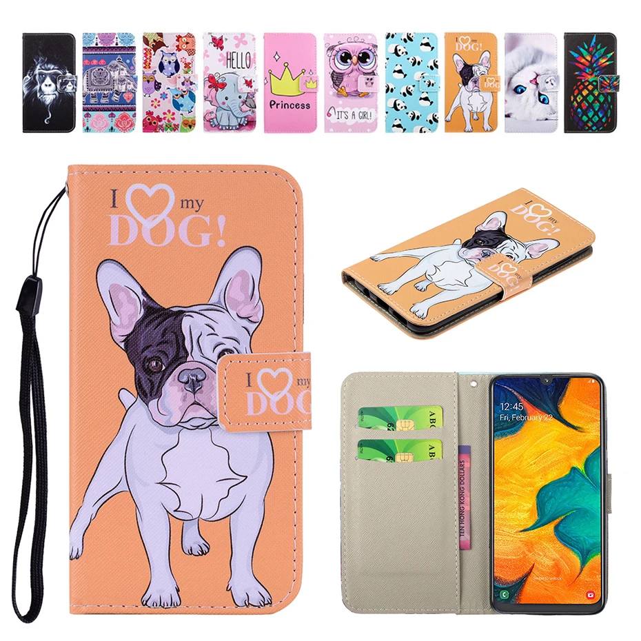 

Print Animal Pattern Flip PU Leather Wallet Stand Card Slot Lanyard Cover Case for Samsung Galaxy A50 A30 A7/A5 2018 Phone bag