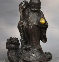 9 "китайский фэншуй бронзовый бог Долголетия Персик Стенд Дракон Черепаха лаки статуя