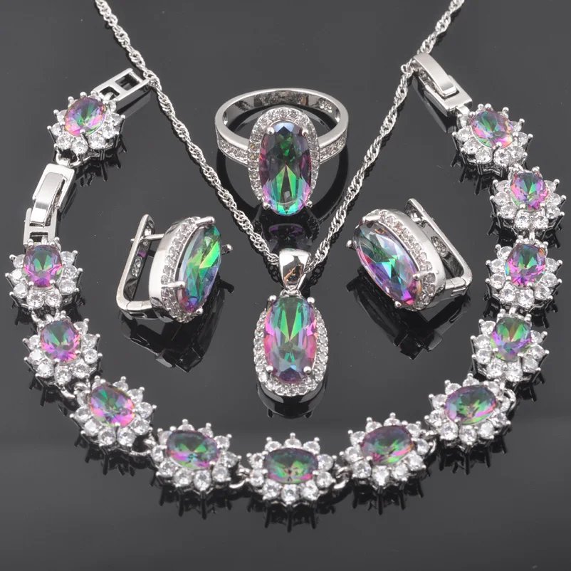 FAHOYO Многоцветный Радужный Циркон 925 пробы серебро для женщин модные ювелирные наборы QS0575