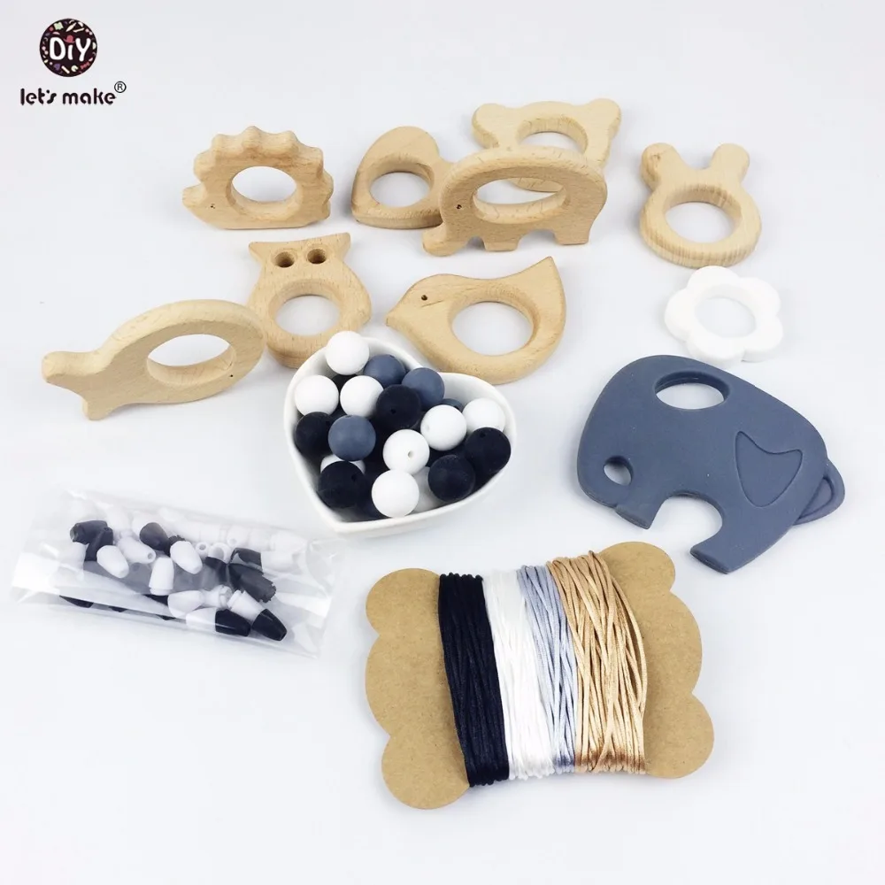 Let's Make Silicone Teether for Bite Beads Pacifier Clips Woman Necklace Pendant Baby Teether Wooden Animal Shaped teether Beads