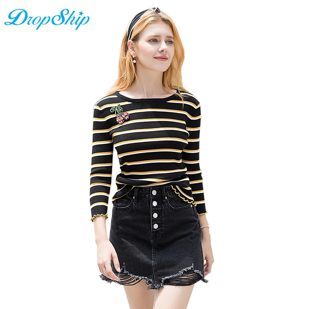 Dropship Streetwear O Neck Autumn Brooch Decoration Striped Sweater Long Sleeve Knitted Sweaters Female Elastic Pullovers 2018 | Женская