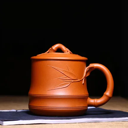 

2018 425ml Yixing ore gold Zhu mud all handmade high quality purple mud cup double line bamboo cup