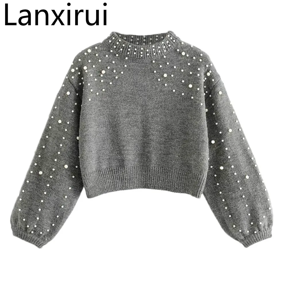 

Lanxirui Sweater Beading For Pullovers Knit Garments Sweaters Female Wool Short Pearl Decoration Sweater Women Dec14