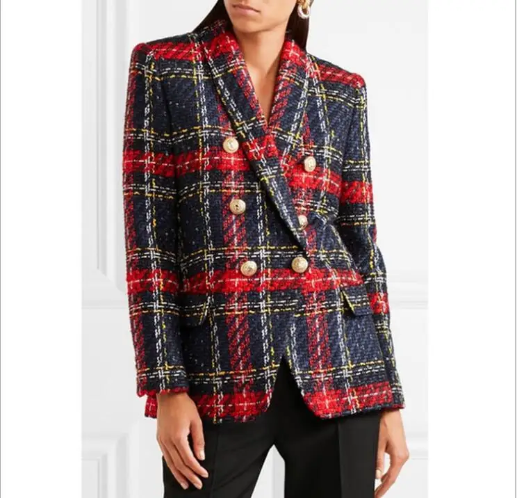 Urumbassa women's tweed blazer coat 2018 spring runways plaid double-breasted suit coats