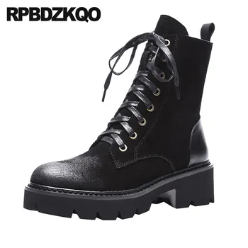 

Fur Military Autumn Winter Chunky Black Vintage Genuine Leather Shoes Lace Up Combat Ankle Women Boots 2018 Round Toe Suede