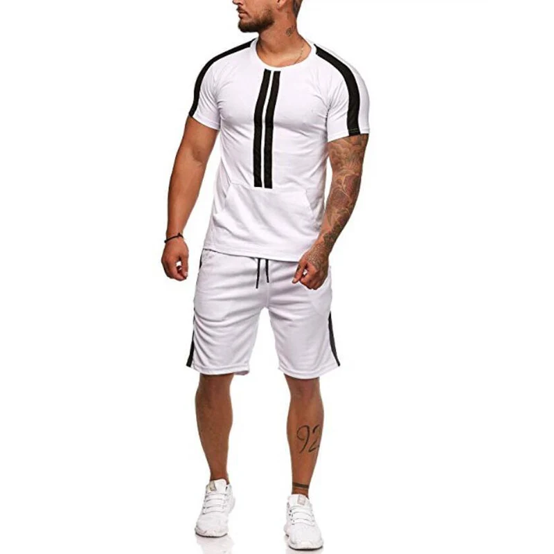 Summer Men's Sets T Shirts+Shorts Two Pieces Sets Casual Striped patchwork Tracksuit 2019 Plus size Gyms Fitness Sportwear set