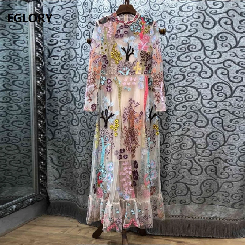 

Top Quality New 2019 Spring Summer Wedding Party Long Dress Women Exquisite Mesh Embroidery Long Sleeve Maxi Dress Festival
