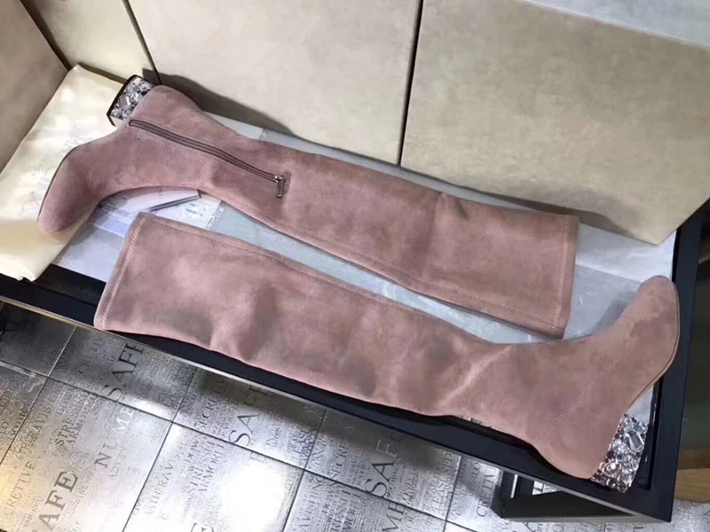 Suede Leather Rhinstone Long Over The Knee Boots Shoes Ladies Sexy Party Elastic Force Zipper Motorcycle Low Heels Boots Woman Suede Leather Rhinstone Long Over The Knee Boots Shoes Ladies Sexy Party Elastic Force Zipper Motorcycle Low Heels Boots Woman