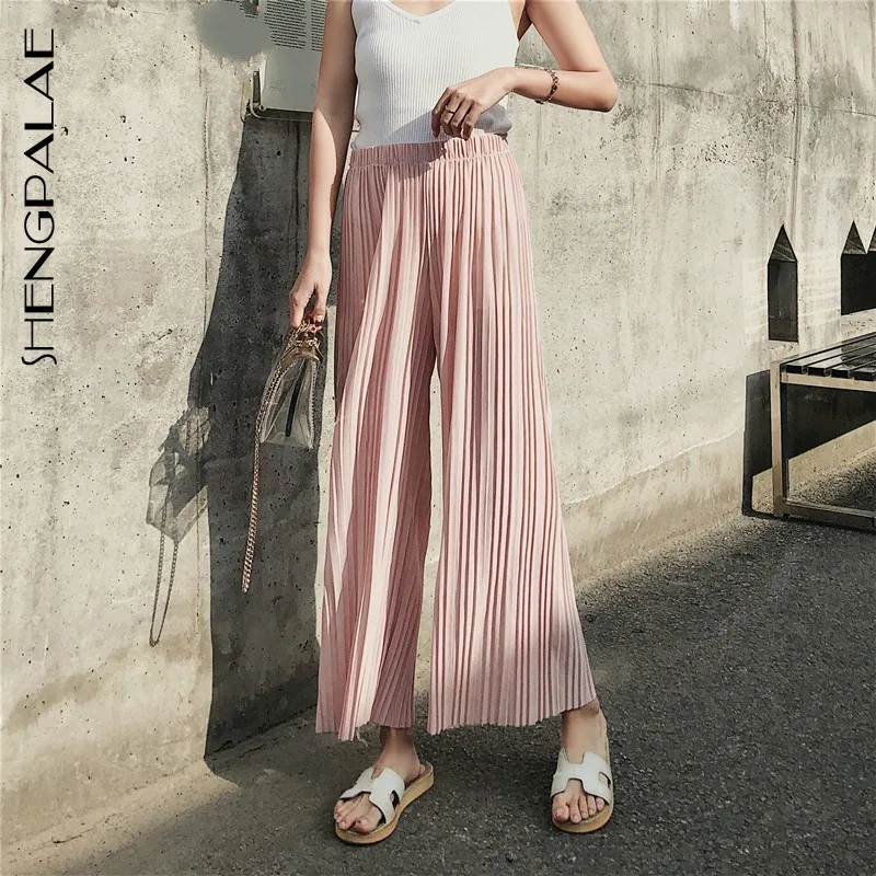 

SHENGPALAE 2019 Spring New Fahion Tide Black Casualo Loose Elastic Waist High Pleated Wideleg Women Pants N450