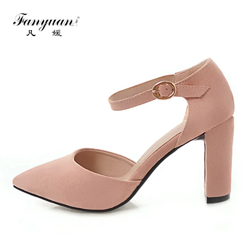

Fanyuan 2018 Botines Mujer Elegant Flock Pointed Toe Sexy Ladies High Heels 8 cm Two-Piece Buckle Strap Party Dress Shoes Women