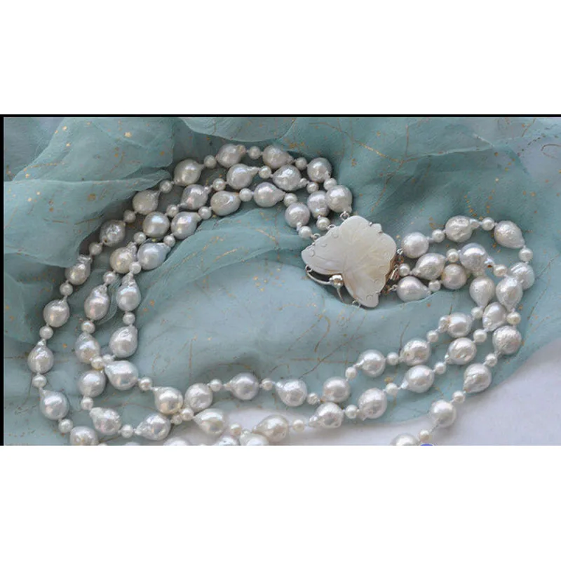 

3row 20" 13mm almost round white KESHI REBORN PEARL necklace (A0511)