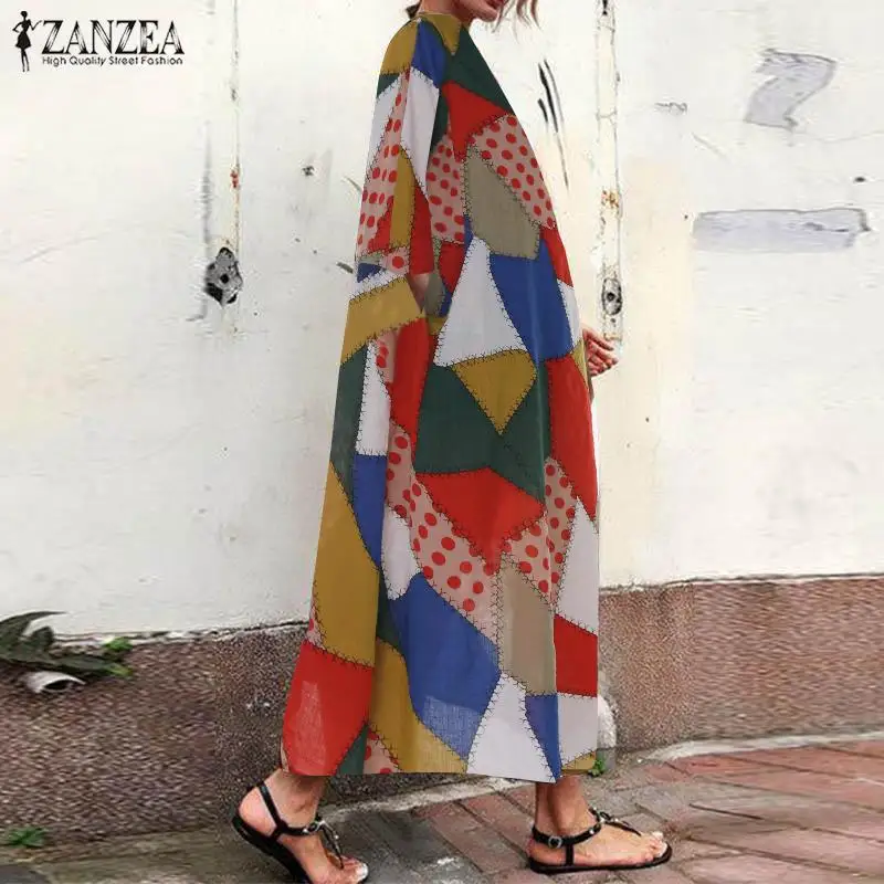 ZANZEA 2019 المرأة الصيف فستان الشمس البوهيمي ماكسي لونغ اللباس خمر طباعة فضفاض جيوب Vestidos الشاطئ حزب قفطان رداء فام