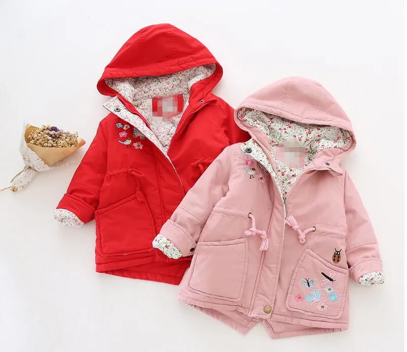 YRP31189066 Retail 2016 Winter Baby Girl Jacket Hooded Butterfly Pocket Toddler Girl Coat Worm Kids Outerwear