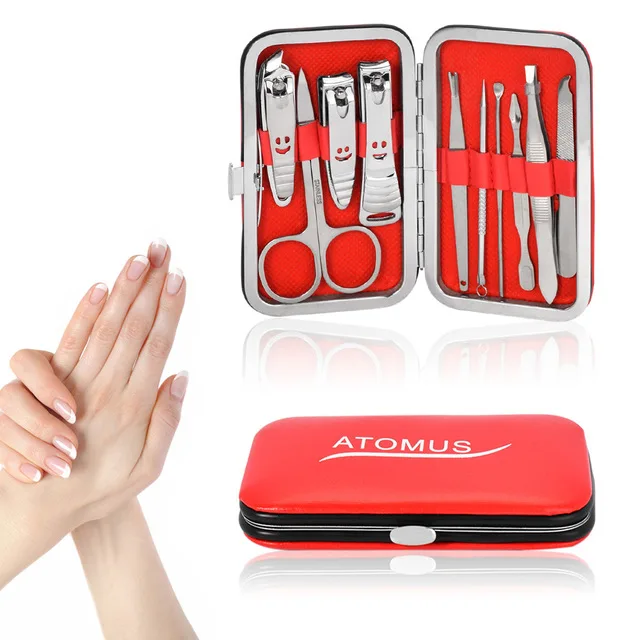 Набор для стрижки ногтей, чехол 10 шт. с держателем, коробка для ухода за ногтями, набор для педикюра, ножниц, пинцет, набор маникюрных инструментов - Цвет: Red