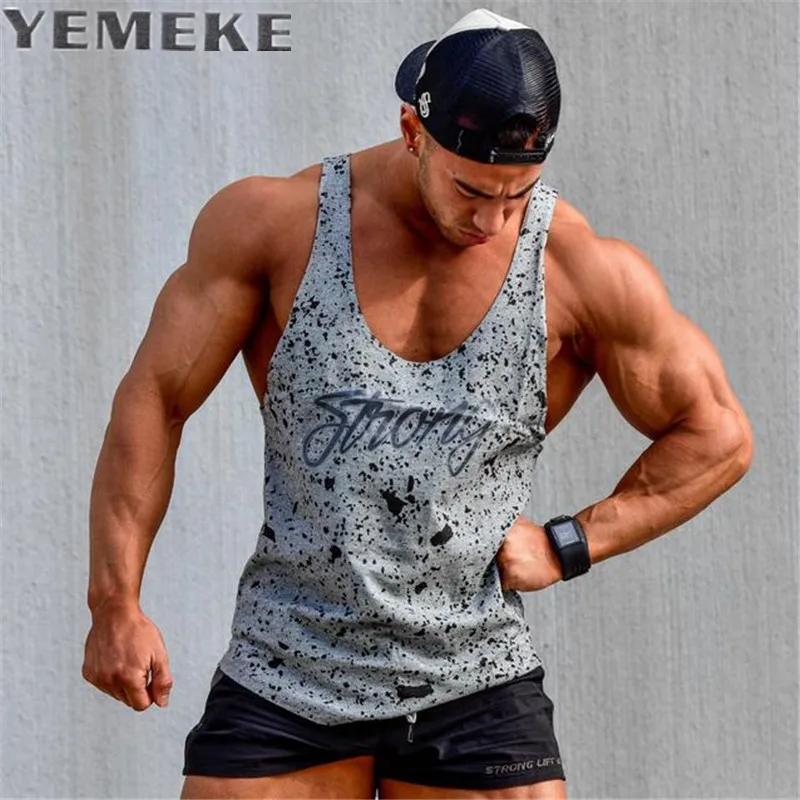

YEMEKE 2017 Tank Tops Sleeveless Vest TOP Undershirt casual fitness Mens casual print Bodybuilding Red gray black