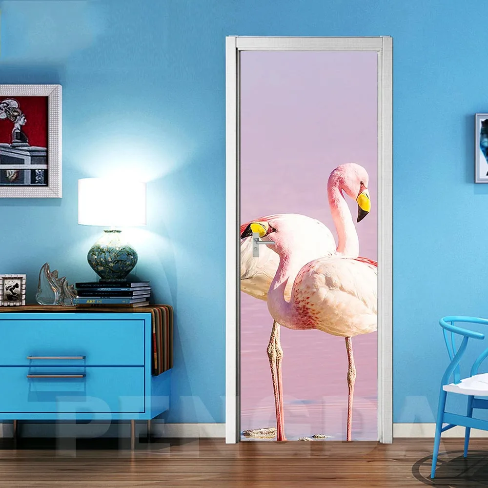 Home Decoration 3D Sticker Flamingos Sea View Picture Self Adhesive Decal Waterproof Paper For Living Room Door Print Art Poster - Цвет: Door XJNN5625-01