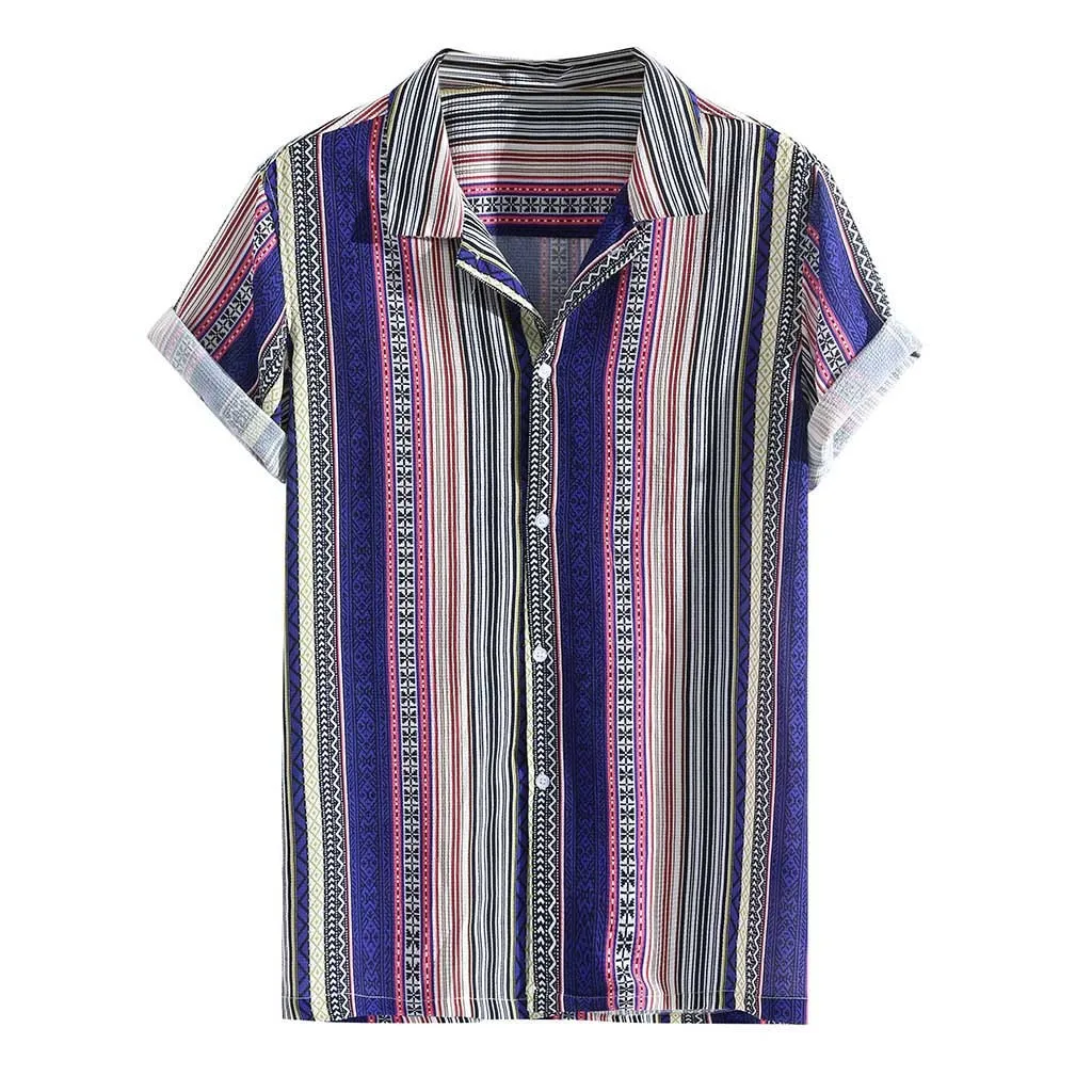 Blouse Shirt Men Rainbow Striped Hawaiian Holiday Short Sleeve Summer Casual Harajuku Top Camisa Hombre Street Clothes 19Je - Цвет: Navy