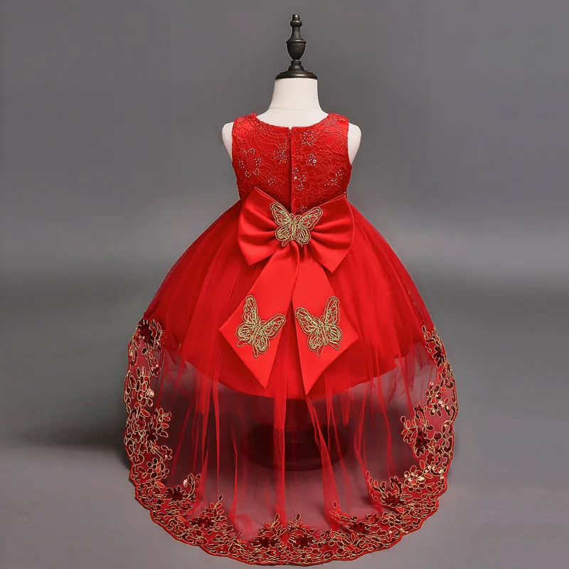 Для девочек в цветочек кружевное платье красный сетки со шлейфом с бабочками для девочек свадебные платья Детское бальное платье вышитые лук Детская Вечеринка платье