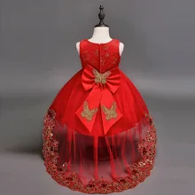 Для девочек в цветочек кружевное платье красный сетки со шлейфом с бабочками для девочек свадебные платья Детское бальное платье вышитые лук Детская Вечеринка платье