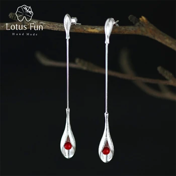 Lotus Fun Real 925 Sterling Silver Natural Stone Handmade Fine Jewelry Vintage Elegant Long Dangle Earrings for Women Brincos