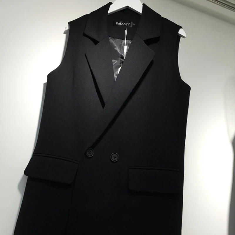 Autumn Winter New Women Black Vest Jacket Coat Korean Sleeveless Suit collar Long Overcoat Female Casual Jacket Clothing