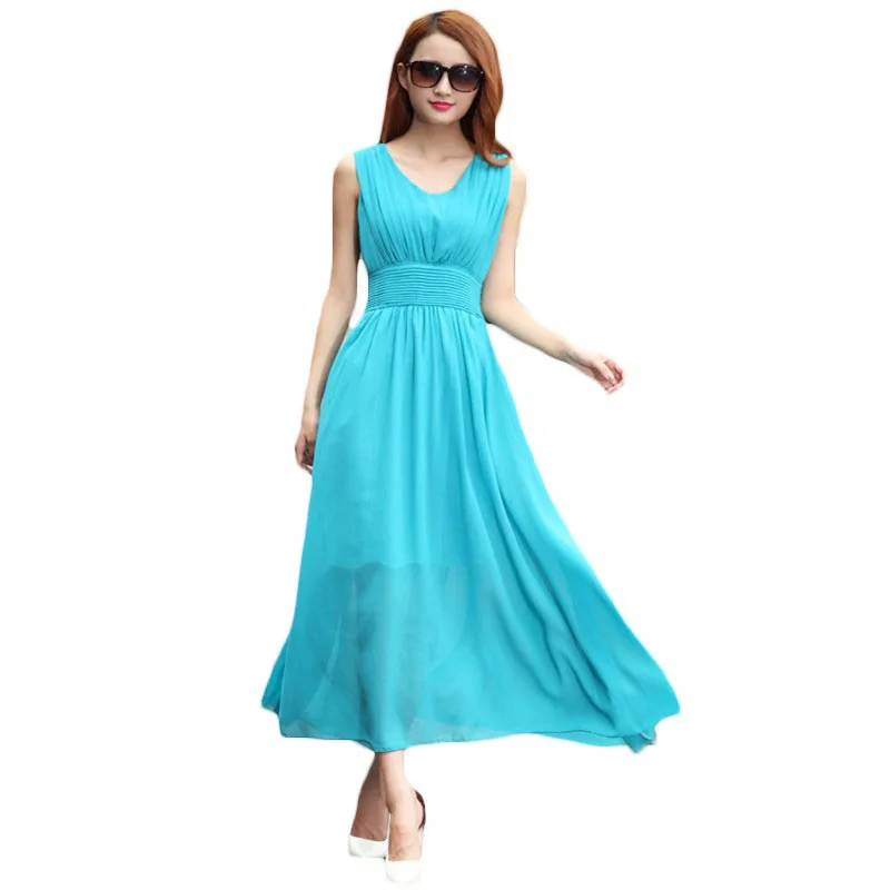

2017 Summer New Women Bohemian Dress Female Beach Dress Solid Color Slim V-neck Sleeveless Chiffon Dress LD014