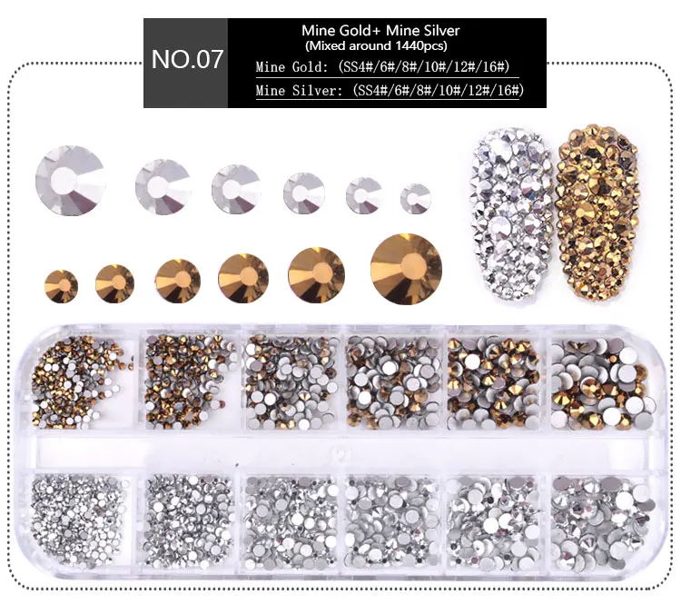 Мульти размер 1 коробка стекло ногтей Стразы смешанные цвета, плоский-назад AB Кристалл Стразы 3D Шарм драгоценные камни DIY маникюр Дизайн ногтей украшения - Цвет: 07