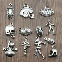 15 unids/lote de dijes de fútbol americano colgantes para hacer joyas de fútbol americano dijes para hacer pulseras de plata antigua