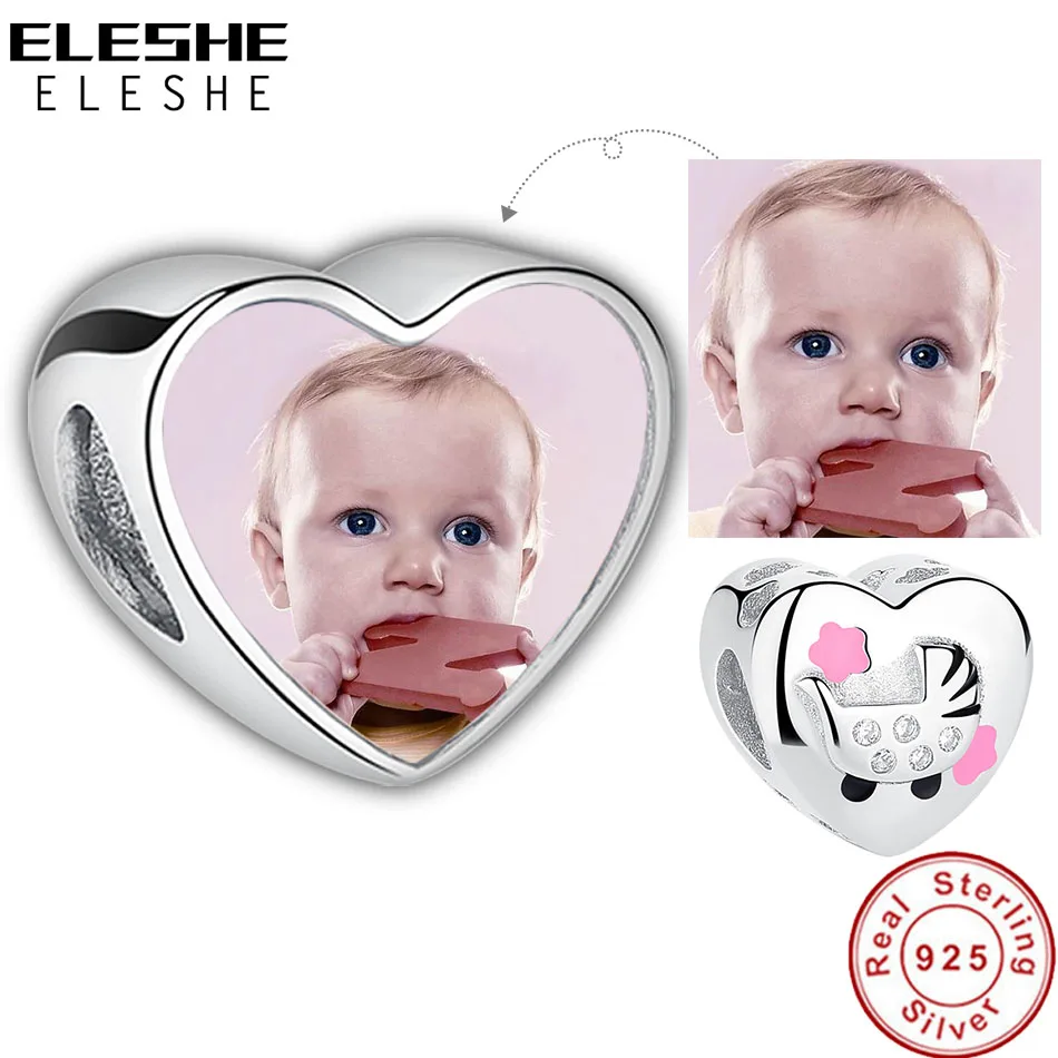 ELESHE 2019 New Personalized 925 Sterling Silver Heart Charms Fit Original Pandora Bracelet Customized Photo Beads DIY Jewelry