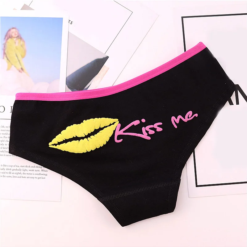 Черный Трусы с буквенным принтом, нижнее белье Kiss Me, высокое качество, нижнее белье с принтом, хлопок, 1 шт., яркие цвета, лидер продаж, трусы для женщин, Популярные - Цвет: Черный