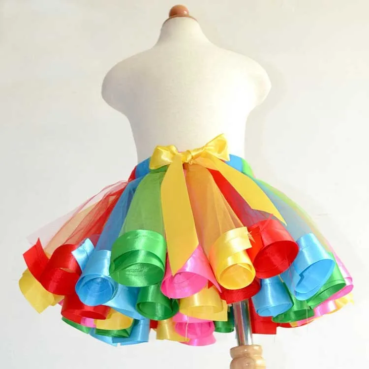 Лето 2017 г. стилей для маленьких девочек юбка для вечеринки с лентой принцессы детская юбка-пачка цветов радуги для дня рождения плюс Размеры