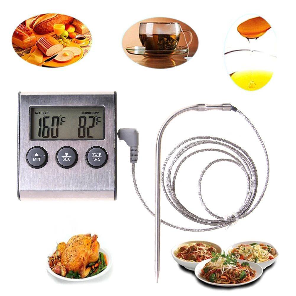 Kitchen LCD Digital Food Thermometer Probe Timer Meter BBQ Meat Cooking