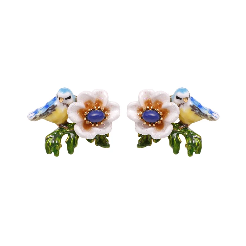 

JUICY GRAPE French Style Fashion Creative New Blue Bird Stud Earrings Women's Enamel Glazed White Flower Earrings