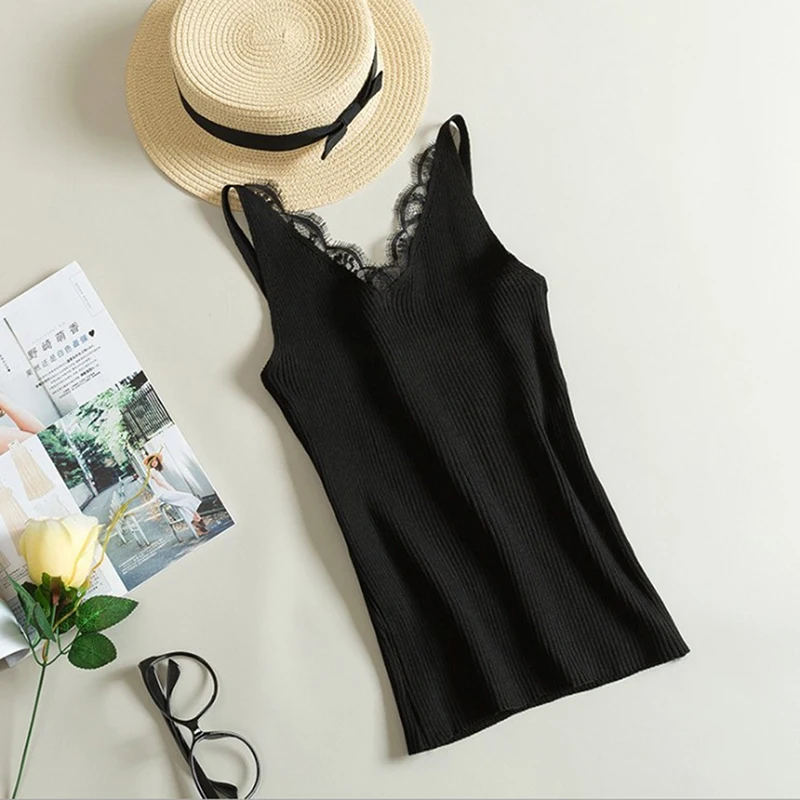 

Summer Sexy V-Neck Tank Tops Female Fashion Lace Patchwork Tees Haut Femme Women Knit Camisole Solid Color Sleeveless Camis