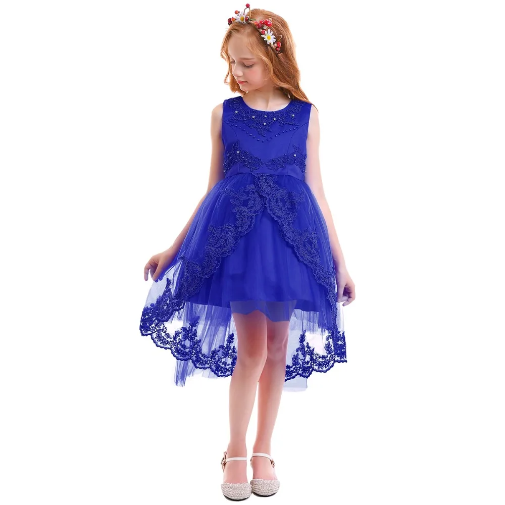 

New Fashion Blue Dress for Girls Baby Kid Tulle Trailing Long Lace Dresses Wedding Party Prom Bridesmaid Kids Dresses for Girls