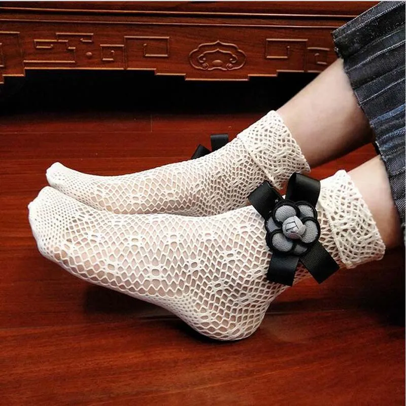 JMS Kasenbely/женские шелковые носки с кристаллами; однотонные чулки с носком; короткие эластичные носки с цветочным принтом; короткие носки до щиколотки - Цвет: WHITE