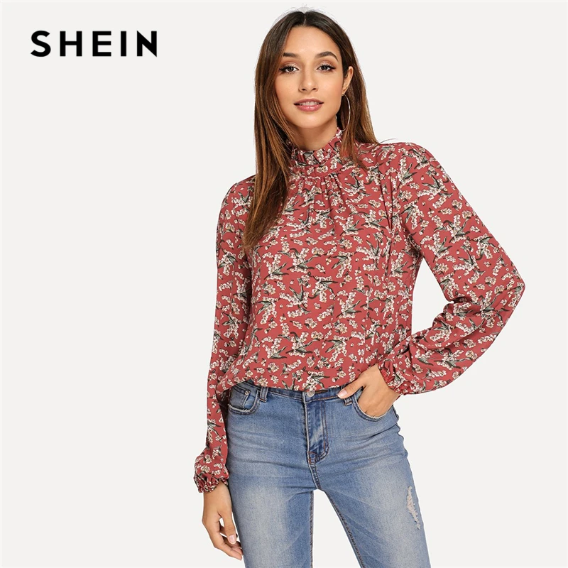 Ceny SHEIN Rdzy Urząd Lady Elegancki Frilled Kołnierz Dziurka Powr oacute;t Floral Print Przycisk Bluzka 2018 Jesień Casual Kobiet Topy I Bluzki