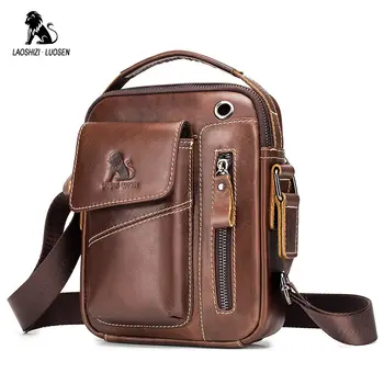 

LAOSHIZI LUOSEN Genuine Leather Messenger Bag Men's shoulder bag Genuine Leather Small Casual Flap male Crossbody Bags For Men