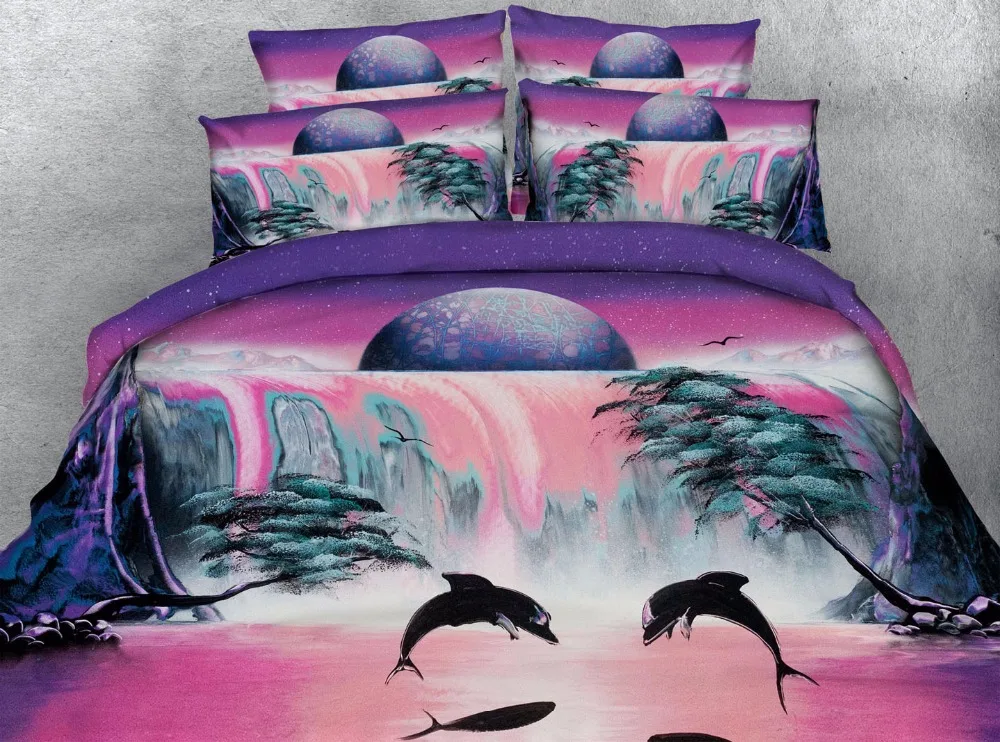 dolphin print duvet cover king size 3d pink waterfall bedding set twin full queen 3/4pcs kids adult home decor bedlinen gift | Дом и сад