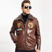 Мужская шуба из овчины, короткая натуральная летная кожаная куртка, мотоциклетная верхняя одежда, съемный шерстяной воротник, куртка Авиатор