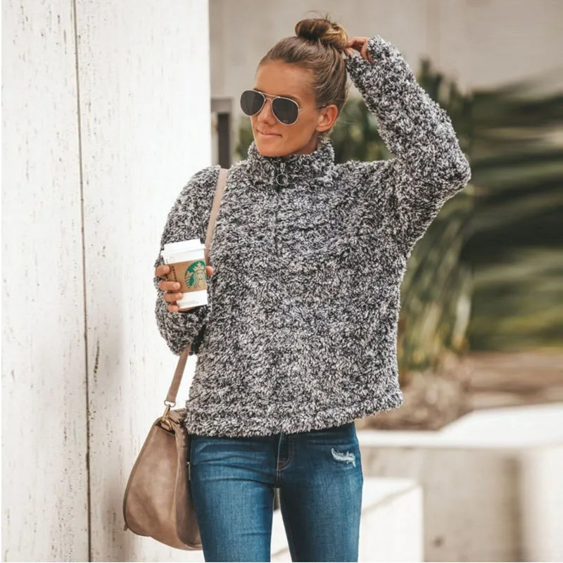 Winter Sherpa Fleece Sweater Turtleneck Fluffy Thick Fleece Zip Pullover High Quality Winter Warm Streetwear Women Coat Winter Sherpa Fleece Sweater Turtleneck Fluffy Thick Fleece Zip Pullover High Quality Winter Warm Streetwear Women Coat